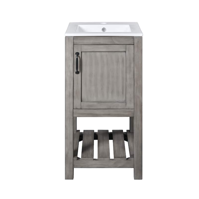16" Compact Bathroom Vanity Sink Combo Featuring A Rectangular Ceramic Basin, Single Door Storage, And Open Shelf. - 16"