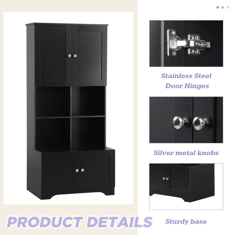 Tall Bathroom Storage Cabinet with 4 Doors, Freestanding Bathroom Storage Unit Floor Cabinet w/Adjustable Shelves & Open Storage