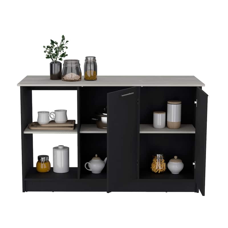 Spacious Kitchen Island with Double Door Cabinet, Open Shelves, Large Top - Black and Ibiza Marble