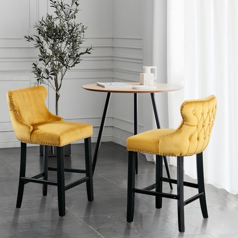 Button Tufted Velvet Wing Back Barstools Set of 6