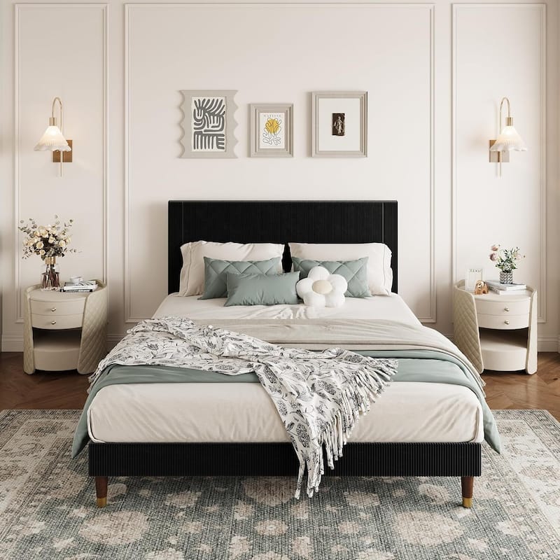 Soft Corduroy Fabric Platform Bed Frame with Upholstered Headboard, Black - Queen