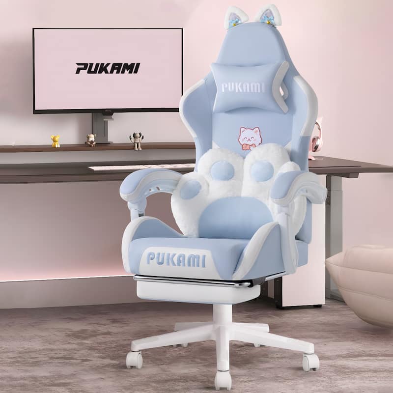 BOSSIN Gaming Chair with Cat Ears and Cat Paw Cushion Pillow,Cute Kawaii Reclining Computer Chair for Girl with Footrest - Blue
