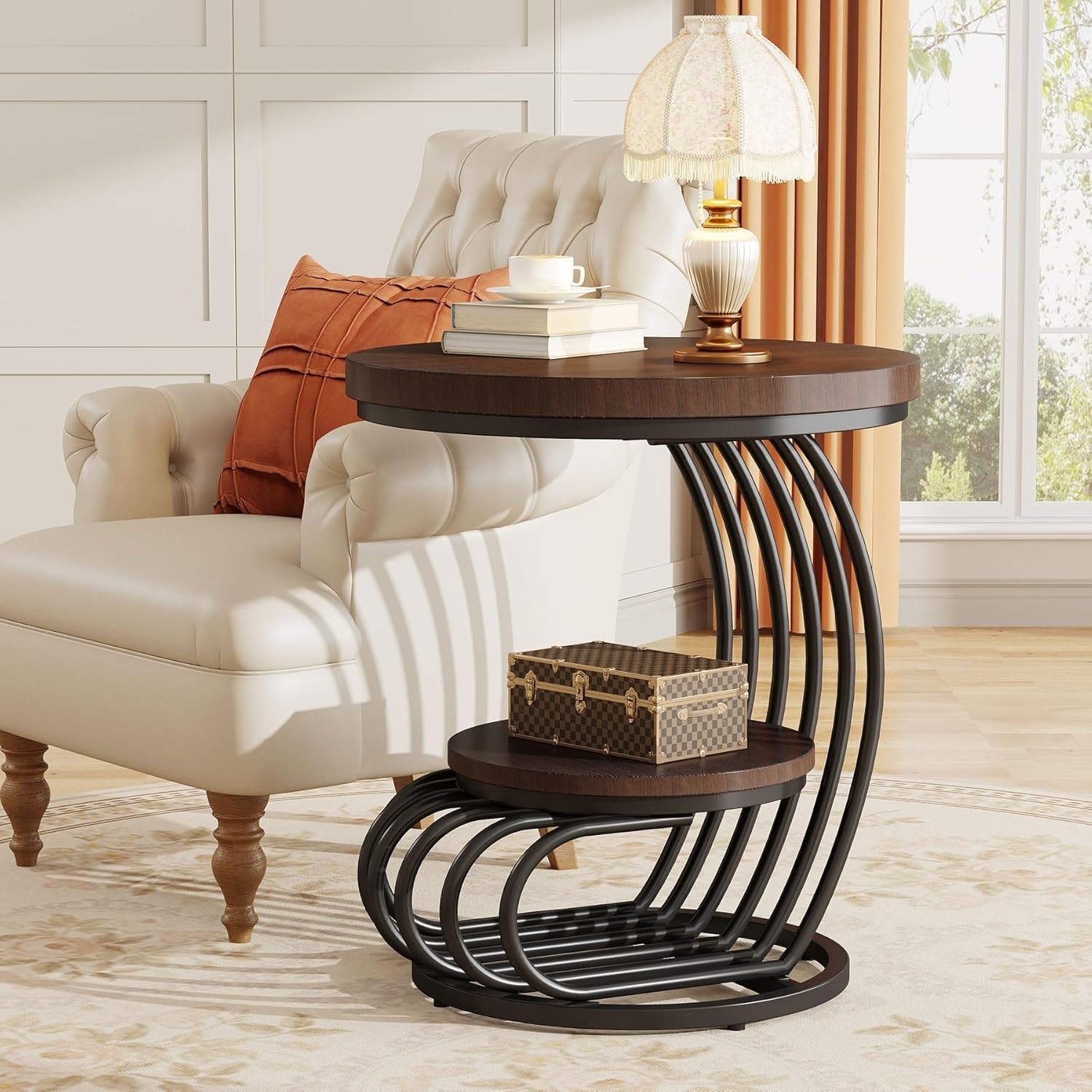 19.68" Round Vintage End Table with 2-Tier Storage - Rustic Brown Side Table with Arc Metal Frame
