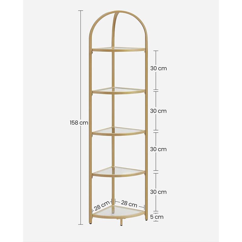Golden 5-Tier Glass Corner Storage Shelf with Steel Frame Living room Bedroom or Entryway - 11"D x 11"W x 37.4"H