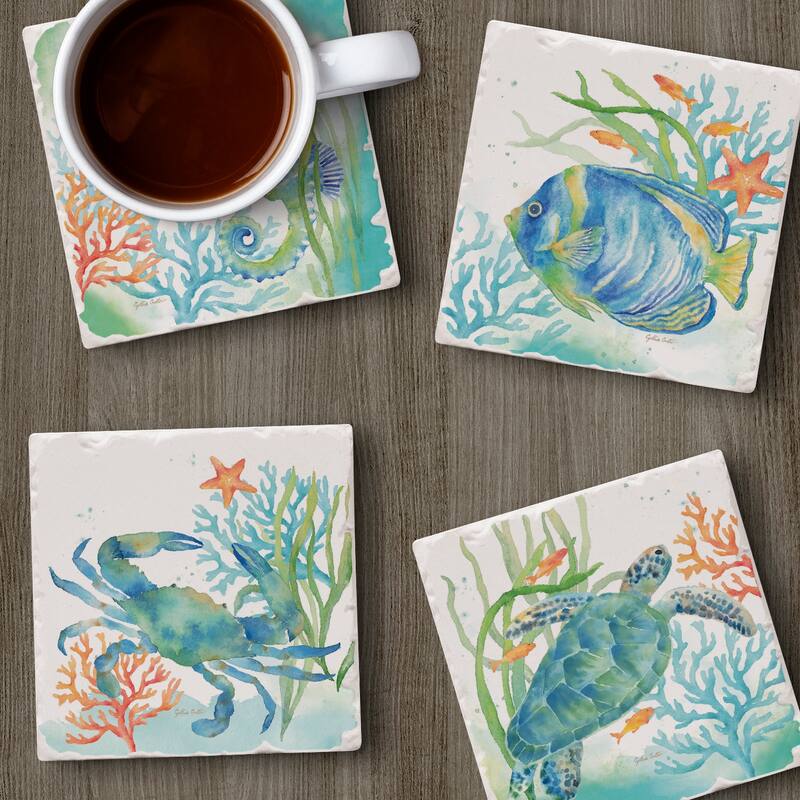 Counterart Absorbent Stone Coaster, Sea Life Serenade, Set of 4 - 4.01x4.20