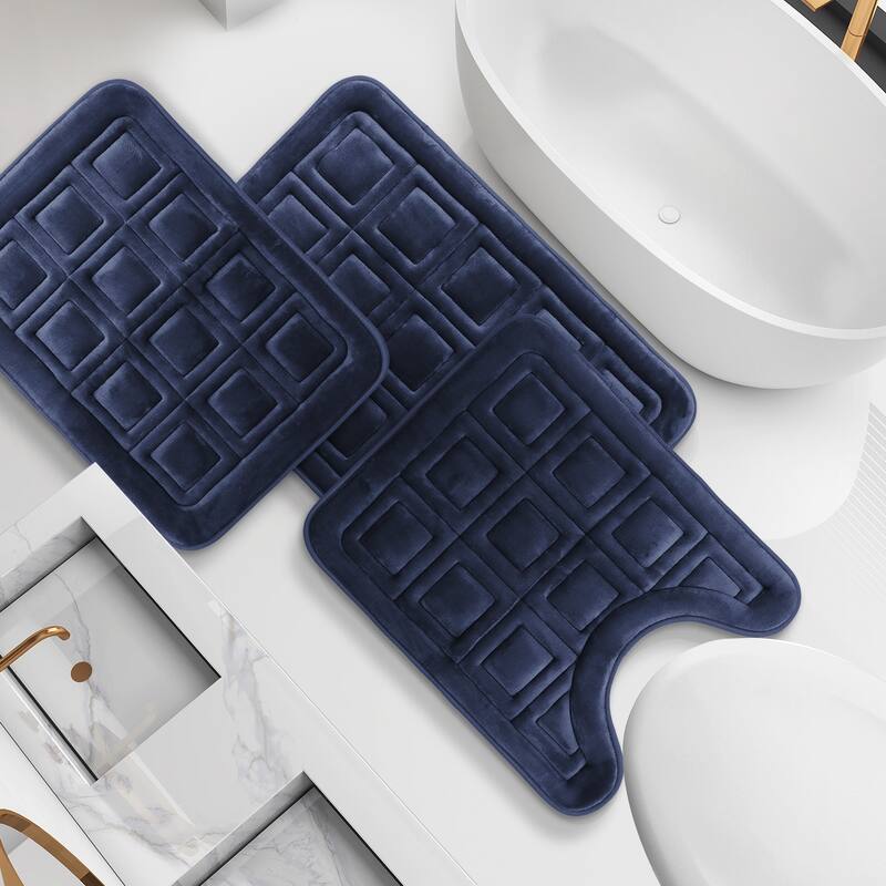 Clara Clark Ultra Soft Non Slip and Absorbent Bath Rug - Waffled Velvet Memory Foam Bath Mat - Small-Large-Contour (3PK) - Navy