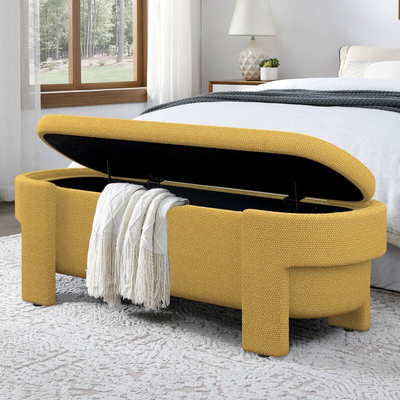Oval Storage Bench Linen Upholstered Entryway Bench Ottoman Bench