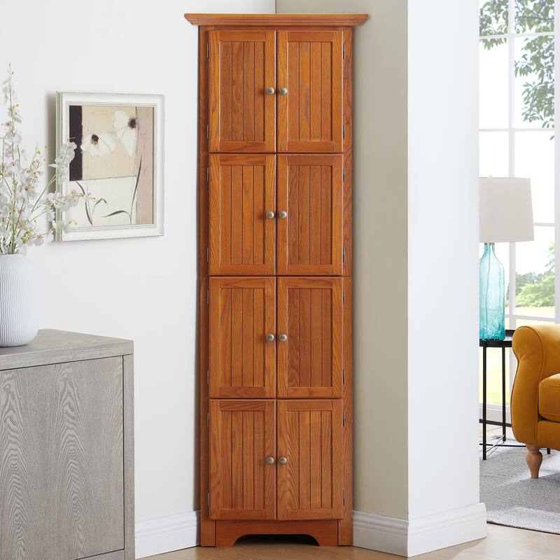72" 4-Tier Oak Corner Kitchen Pantry: 8 Doors, Adjustable Shelves - Tall Storage for Bathroom, Living Room, Farmhouse Style