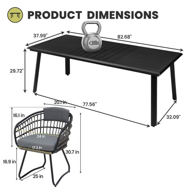 dimension image slide 6 of 7, 7/9/11-Piece Outdoor Patio Dining Set Aluminum Rectangular Dining Table with Umbrella Hole and PE Rattan Chairs - See Picture