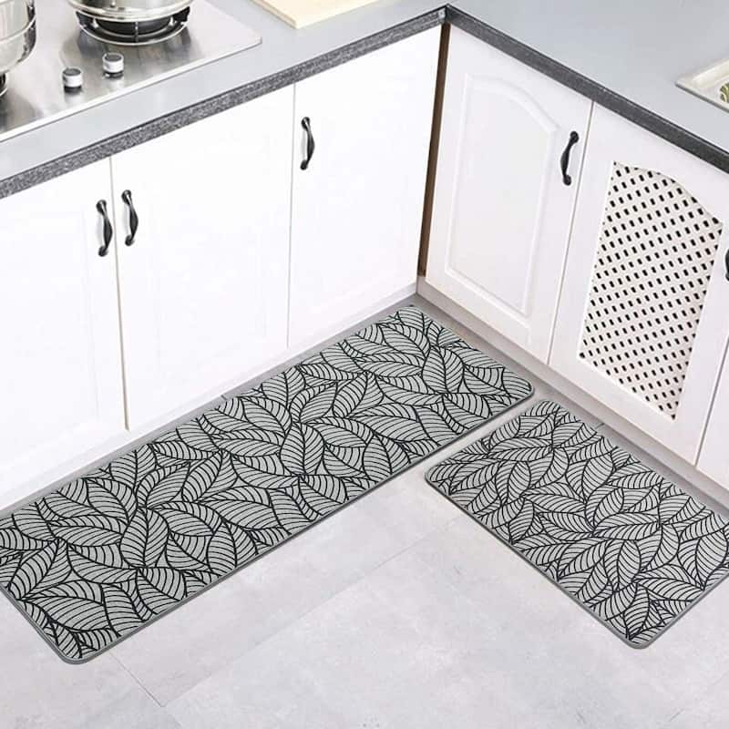 Jungle Printed Kitchen Mat Gray Leaves Design