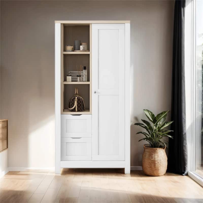 Wood Storage Wardrobe with Hanging Rods and Open Shelves,Sliding Door