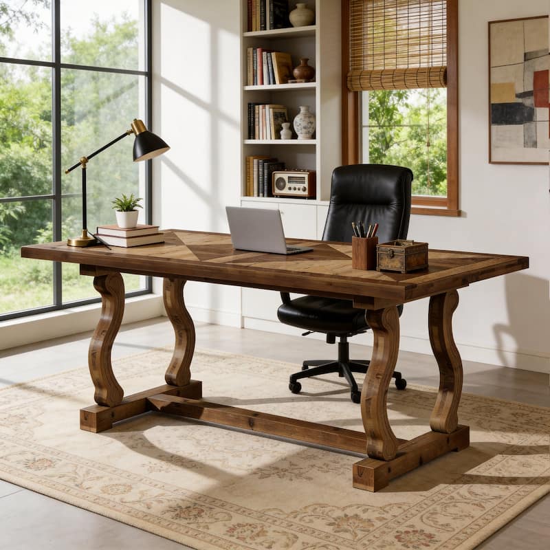 63" Solid Wood Office Executive Desk with Diamond Parquetry Top and Scroll Legs - Brown