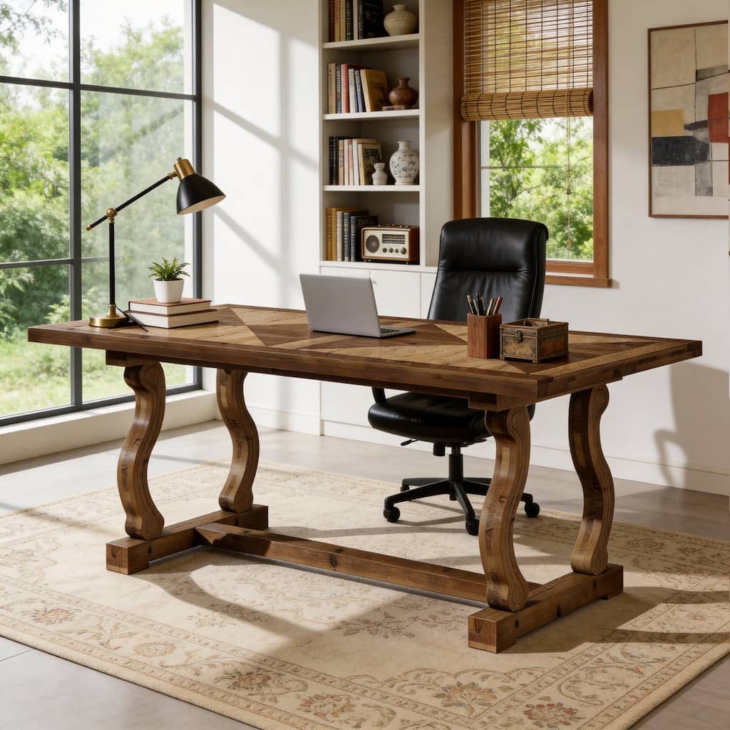 63" Solid Wood Office Executive Desk with Diamond Parquetry Top and Scroll Legs