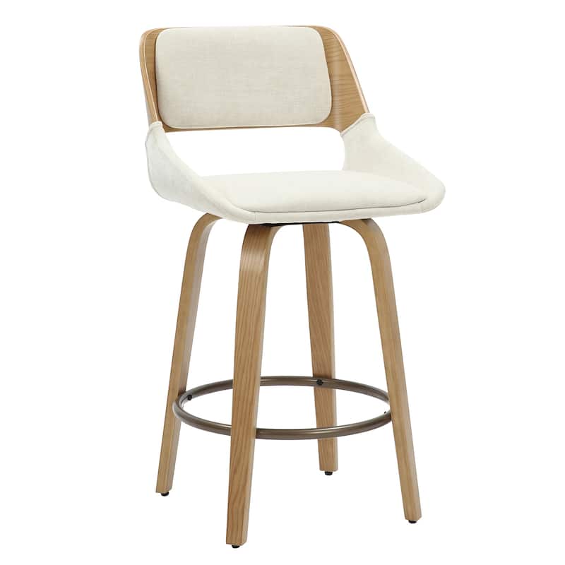 Mid-Century Modern Fabric and Wood 26" Counter Stool with Swivel - Beige and Natural - N/A - Single - Beige - Counter Height