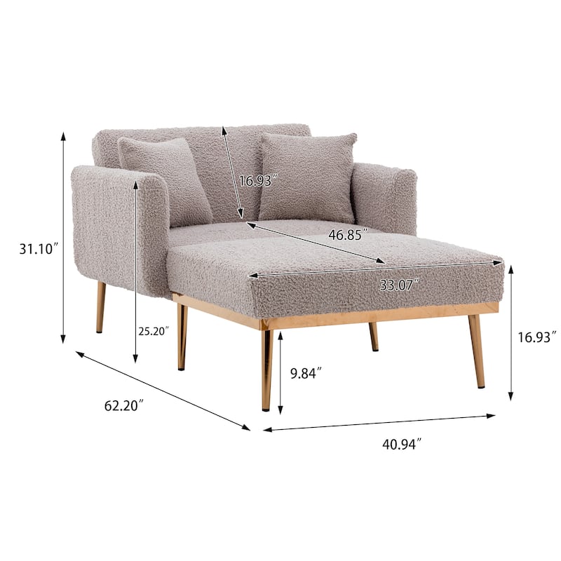 Grey Teddy Modern 62.2" Upholstered Chaise Lounge Chair with Iron Legs for Living Room