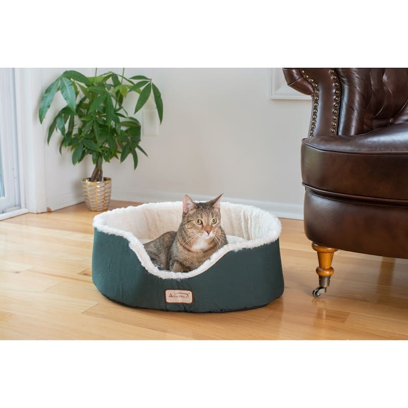 Cat Bed Oval pet cuddle house, Laurel Green/Ivory - 22"L x 19"W x 8"H