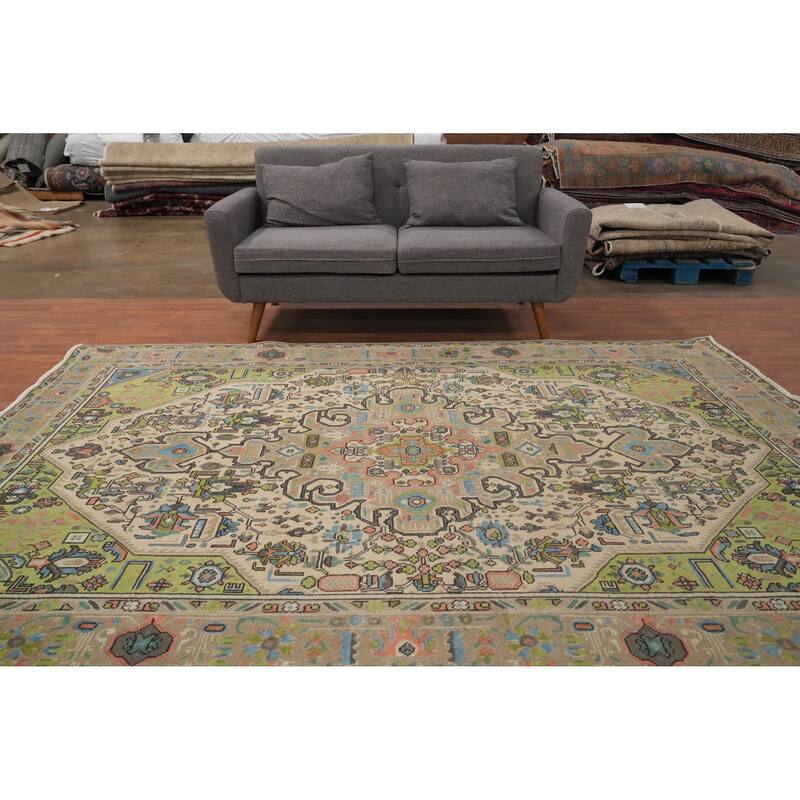 Hand Knotted Oriental 100% Wool Carpet Traditional Floral Beige & Ivories Tabriz Area Rug - 9' 7'' X 6' 7''