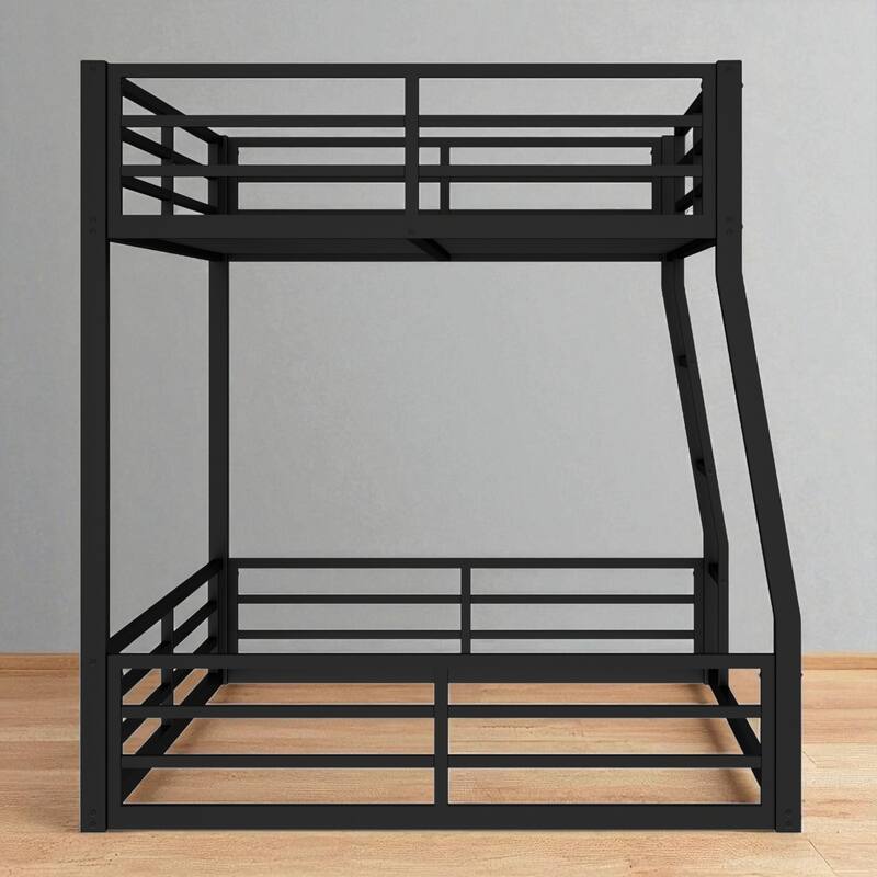Metal Bunk Bed Twin XL/Full XL/Queen Over Queen, Heavy-Duty Low Bunk Frame with Guardrails and Quiet Design