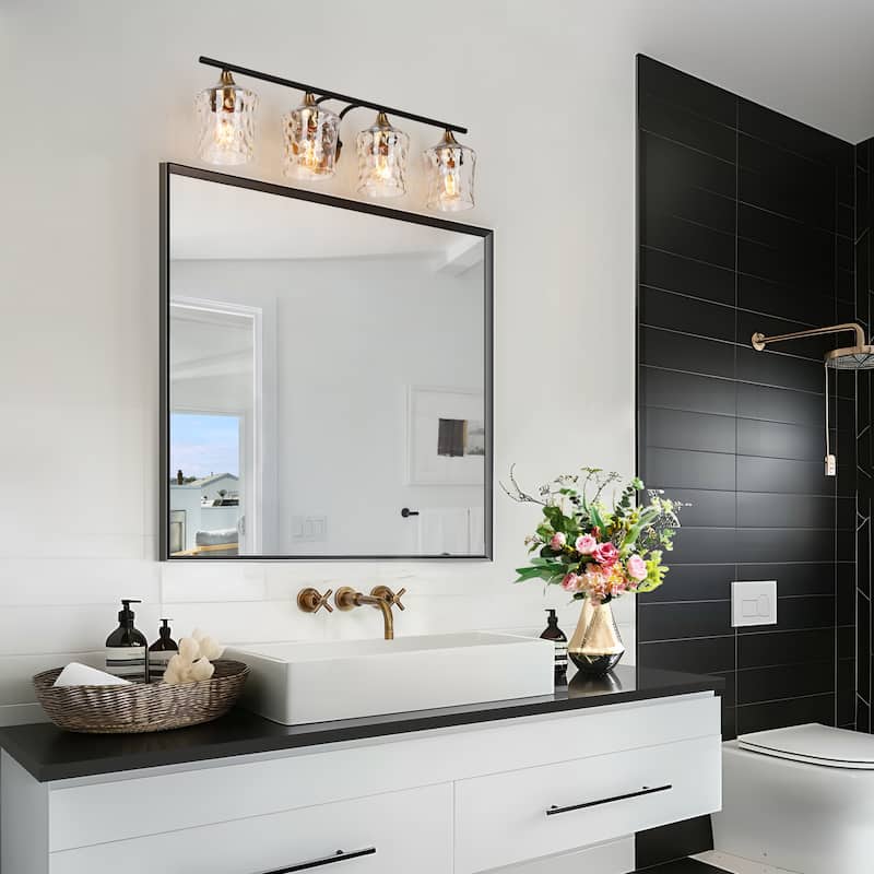 2/3/4-Light Modern Gold Black Bathroom Vanity Light Wall Sconce with Hammered Glass