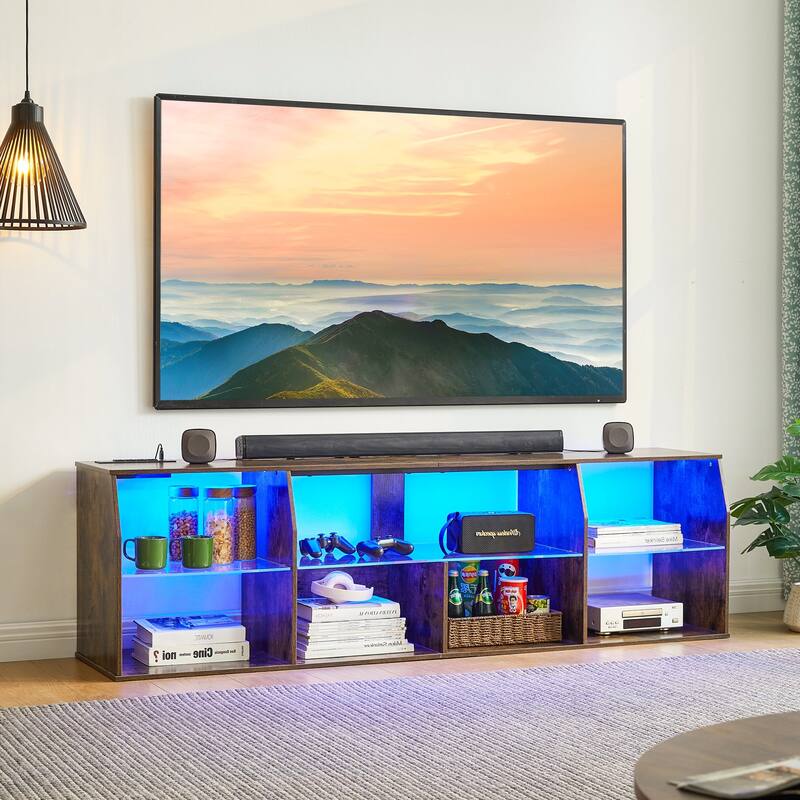 VECELO TV Stand with LED Light, Industrial Entertainment Center with 7 Open Storage - 63-Inch - Grey