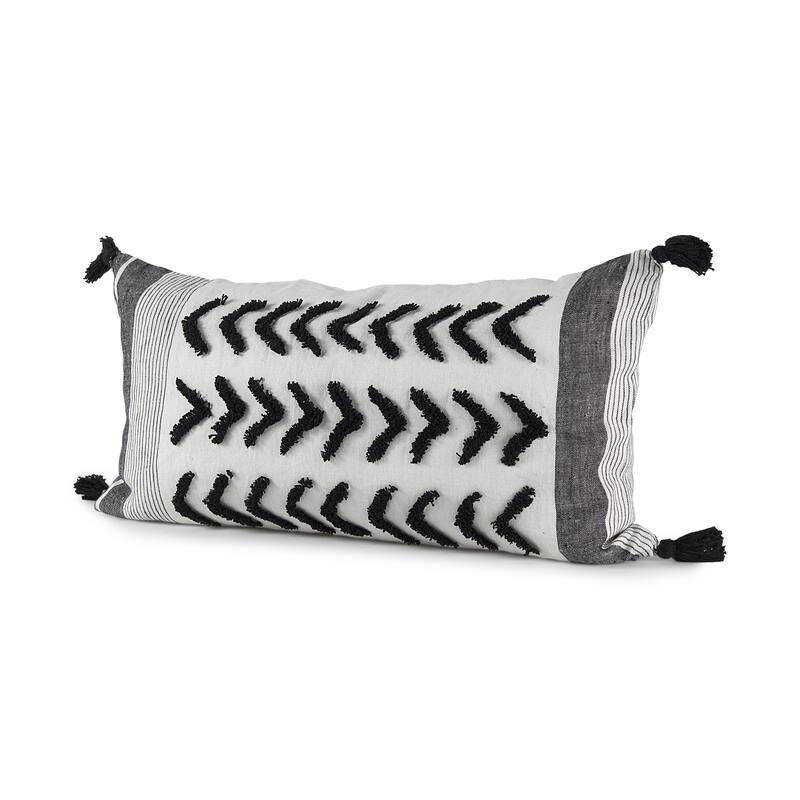 Kimia 14L x 26W White, Gray, and Black Fabric Herringbone and Fringed Decorative Pillow Cover - Pillow Covers - 14.0L x 26.0W x 0.2H - Black - Single