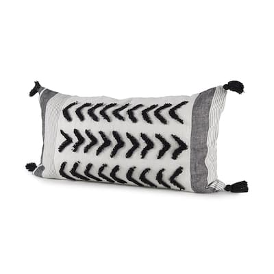Kimia 14L x 26W White, Gray, and Black Fabric Herringbone and Fringed Decorative Pillow Cover