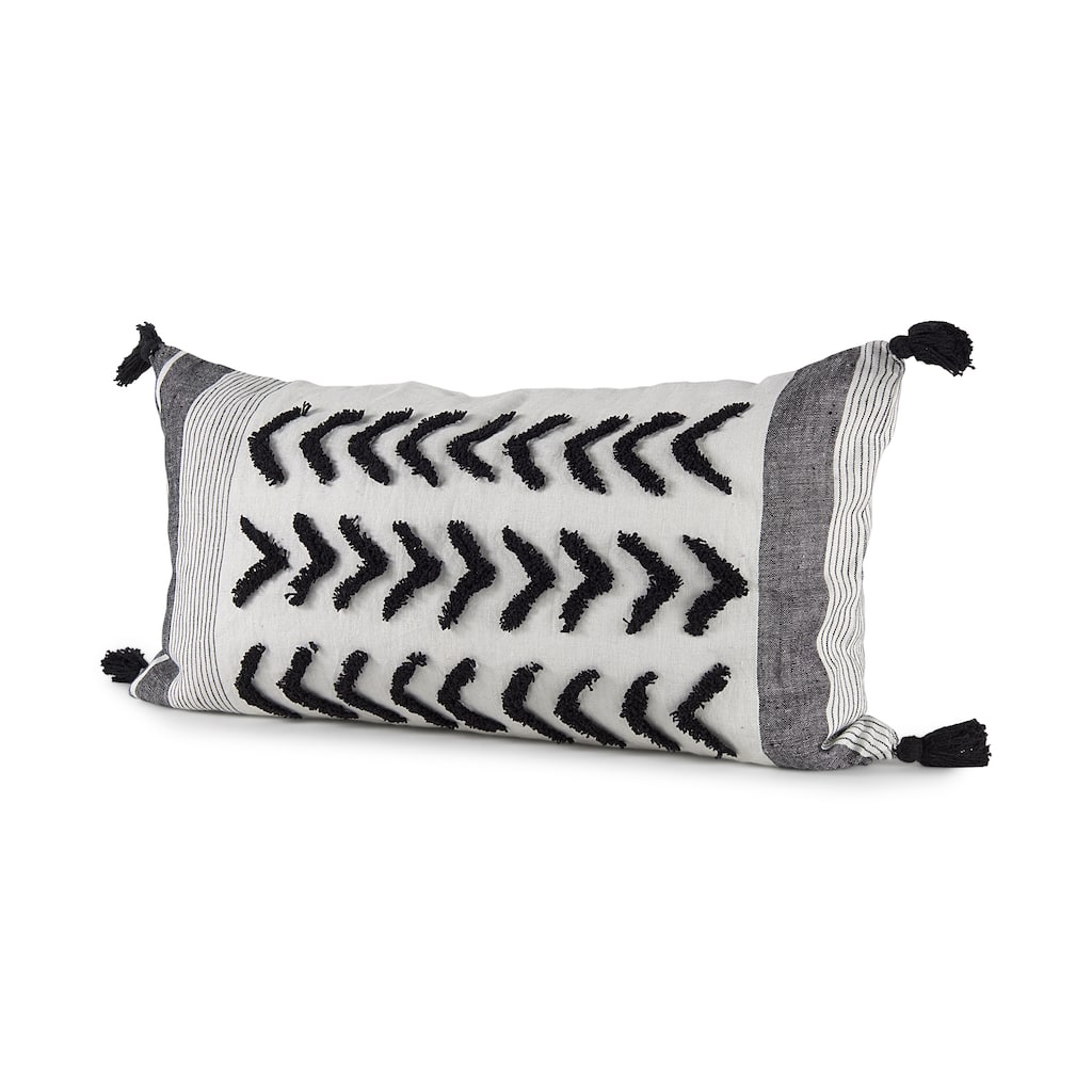 Kimia 14L x 26W White, Gray, and Black Fabric Herringbone and Fringed Decorative Pillow Cover