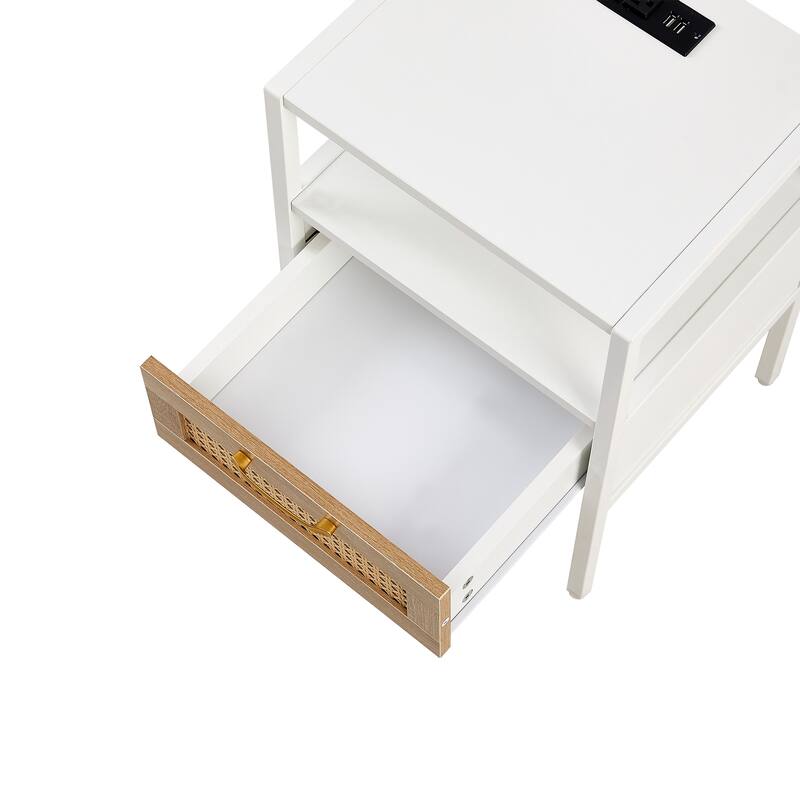 Rattan 1 drawer Nightstand with Power Outlet and USB Ports