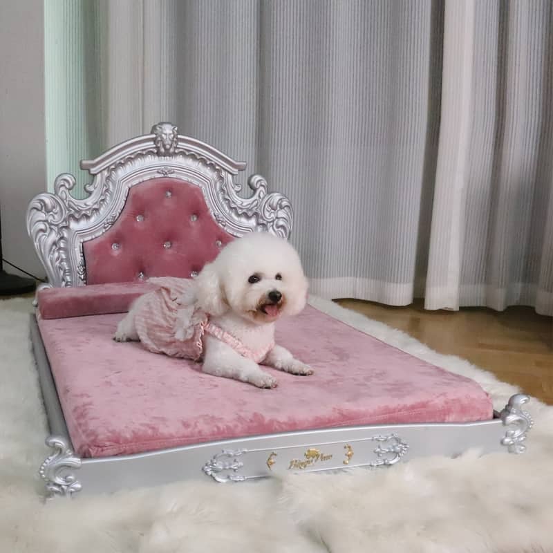 Silver Baroque Soft Velvet Cover Dog Bed Pet Sofa Furniture With Tufted Headboard Diamonds Decor - Large - Pink
