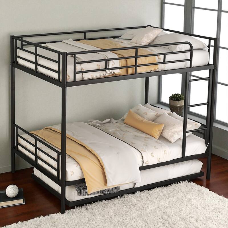 Full Over Full / Full XL Over Queen Metal Bunk Bed with Trundle, Convertible Design and Guardrails - Black - Full