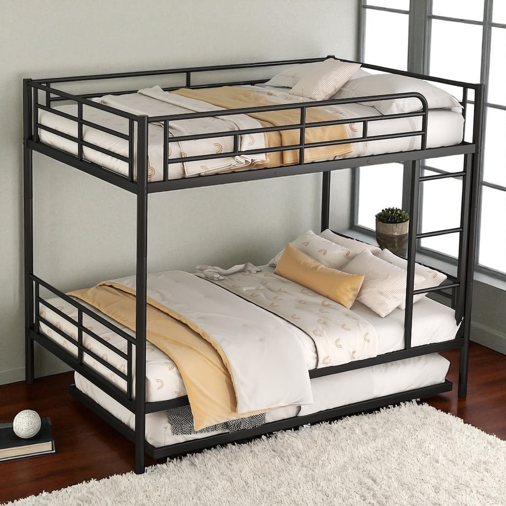 Full Over Full / Full XL Over Queen Metal Bunk Bed with Trundle, Convertible Design and Guardrails