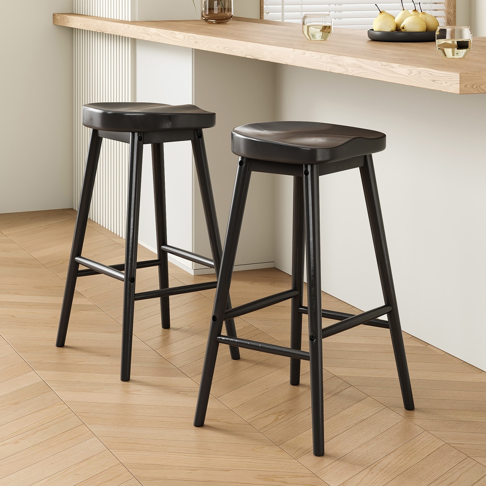 Set of 2 Solid Wood Backless Bar Stools with Footrests, 30.3" Rustic Mid-Century Saddle Stools for Kitchen & Dining Room