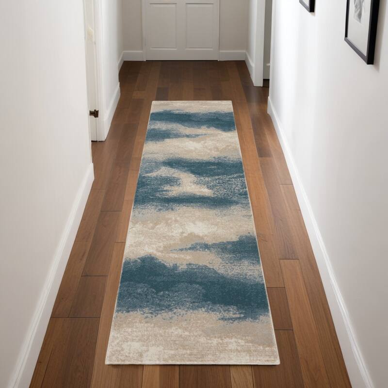 Kaher Power Loomed Abstract Modern Non Skid Stain Resistant Area Rug By HomeRoots - 90' X '26' X '0.5 - 90' X '26' X '0.5 - Teal - Runner