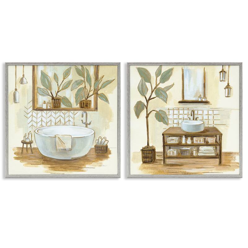 Stupell Sage Green Bathroom Interiors Traditional Plants, 2pc Multi Piece Framed Wall Art Set12 x 12