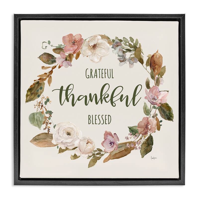 Stupell Elegant Gratitude Wreath Framed Floater Canvas Wall Art Design By Livi Finn - 18 x 18 - Black