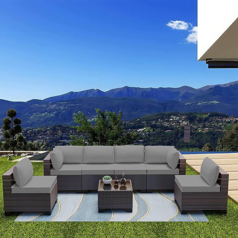 Kullavik 7 Pieces Outdoor Sectional Sofa Set Brown Wicker Patio Conversation Set with Seat Cushions and Tempered Glass Table