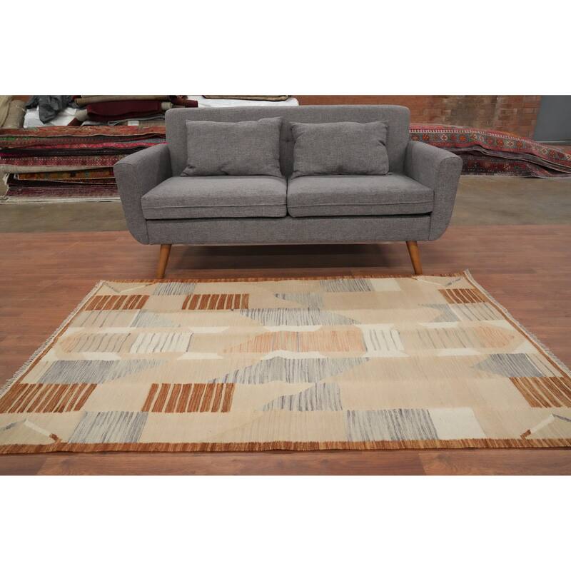 Hand Woven Oriental 100% Wool Carpet Southwestern Modern Beige & Ivories Kilim Area Rug - 6' 3'' X 4' 0''