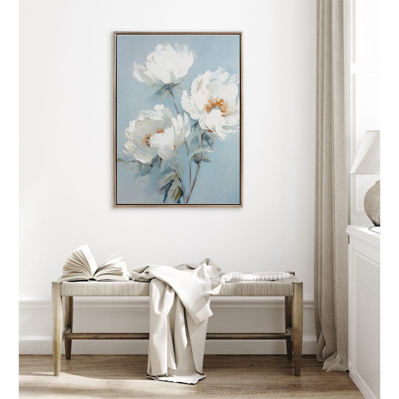 Sylvie Beaded White Peonies Framed Canvas by Creative Bunch Studio