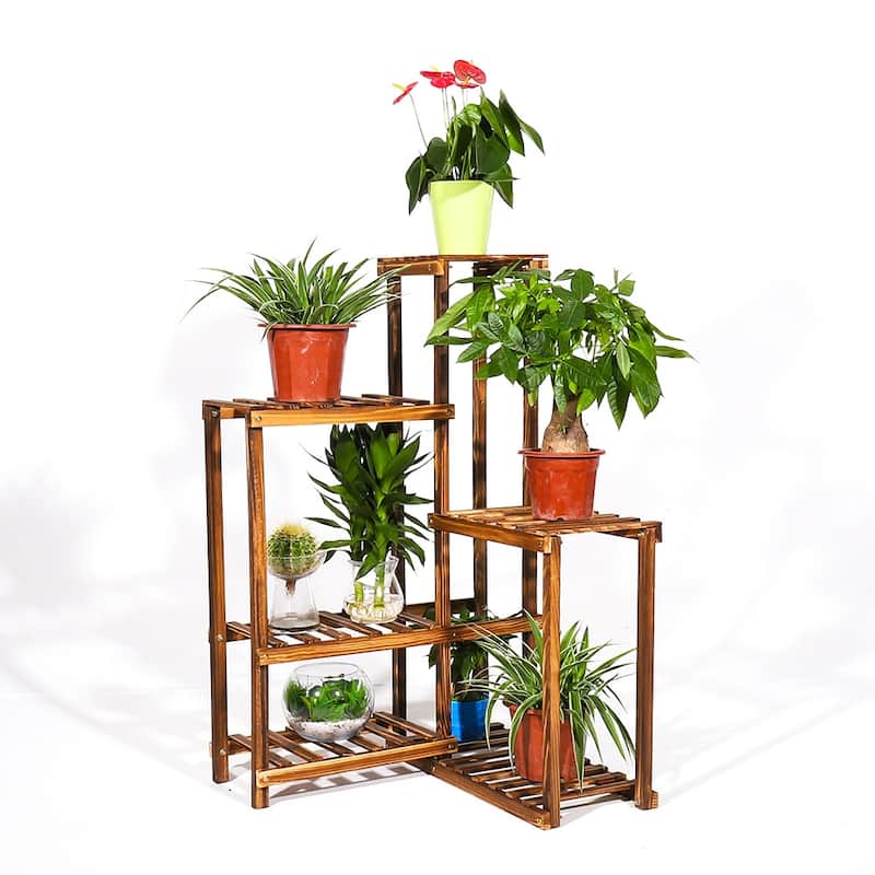 Corner Accent Plant Stand Shelf 6 Tier Wooden Flower Rack for Indoor Outdoor