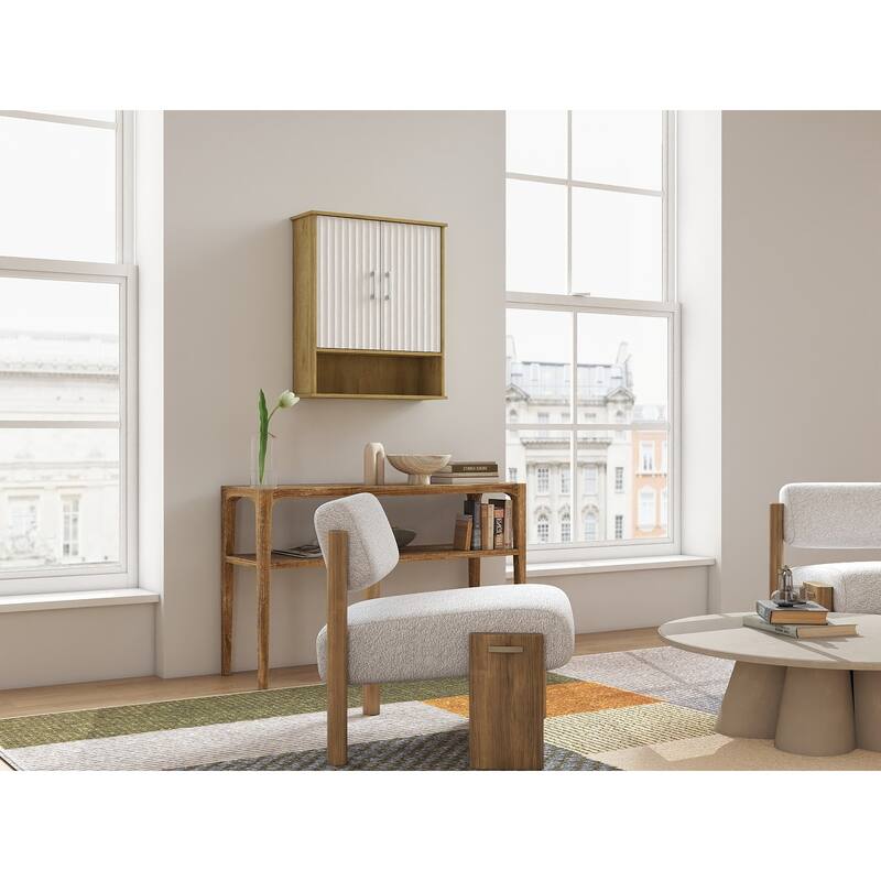 GDFStudio - Bathroom Wall Cabinet with Double-Door, Bottom Shelf, Wavy-Patterned Doors, Adjustable Inner Shelf - Particle Board