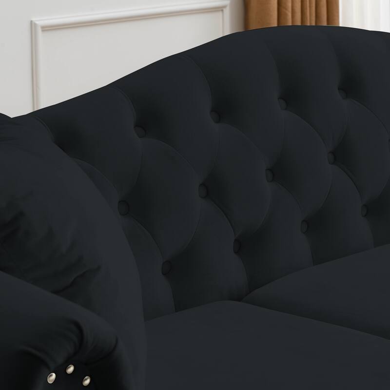 Classic Chesterfield 3-Seater Velvet Sofa with Rolled Arms and Nailhead for Living Room