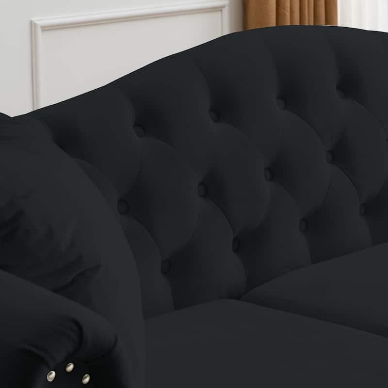 Velvet Upholstered 3 Seater Sofa, Button Tufted Deep Seat Sofa, Lounge Sofa with 2 Pillows, Rolled Arms & Nailhead Trim