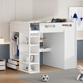 Full Size Solid Wood Loft Bed with Desk, Wardrobes & Drawers