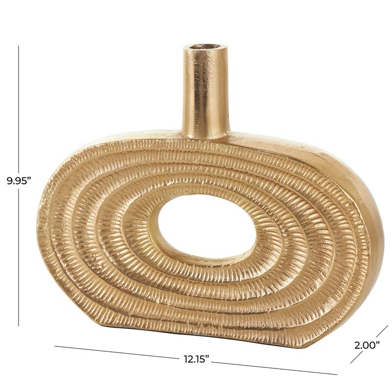 Gold Aluminum Metal Circular Geometric Vase with Linear Etchings