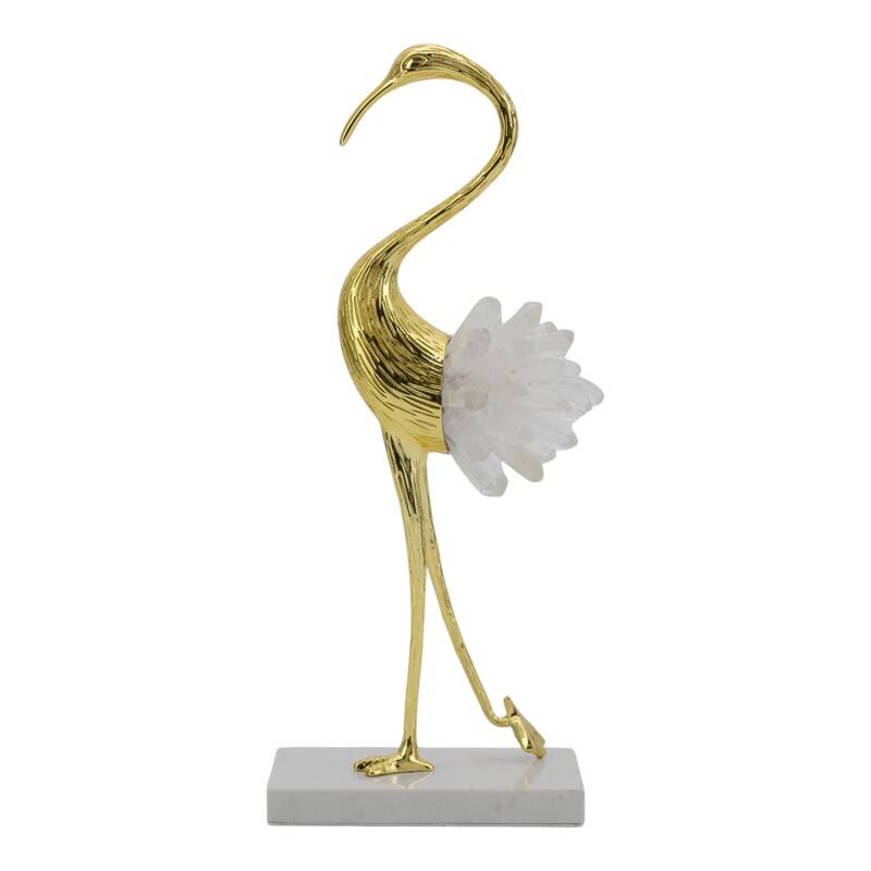 Metal Modern Crane Sculpture with Crystal Accents and Marble Base