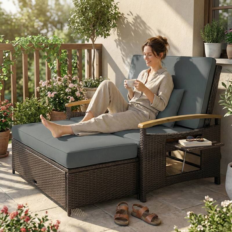 Outsunny Rattan Outdoor Daybed w/4-Level Adjustable Backrest, Patio Sofa Bed w/Loveseat, Storage Ottoman, Acacia Wood Armrest