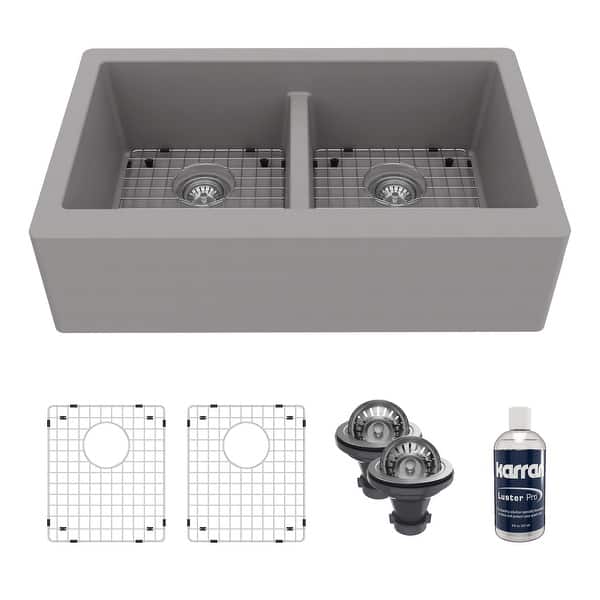 slide 2 of 19, Karran Farmhouse Apron Front Quartz Double Bowl Kitchen Sink Kit Grey