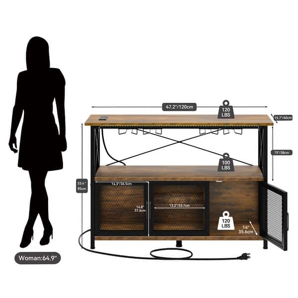 Home Liquor Bar Sideboard Wine Storage Cabinet with Glass Holder and Power Outlets - 47.2"L x 15.7"W x33.4"H