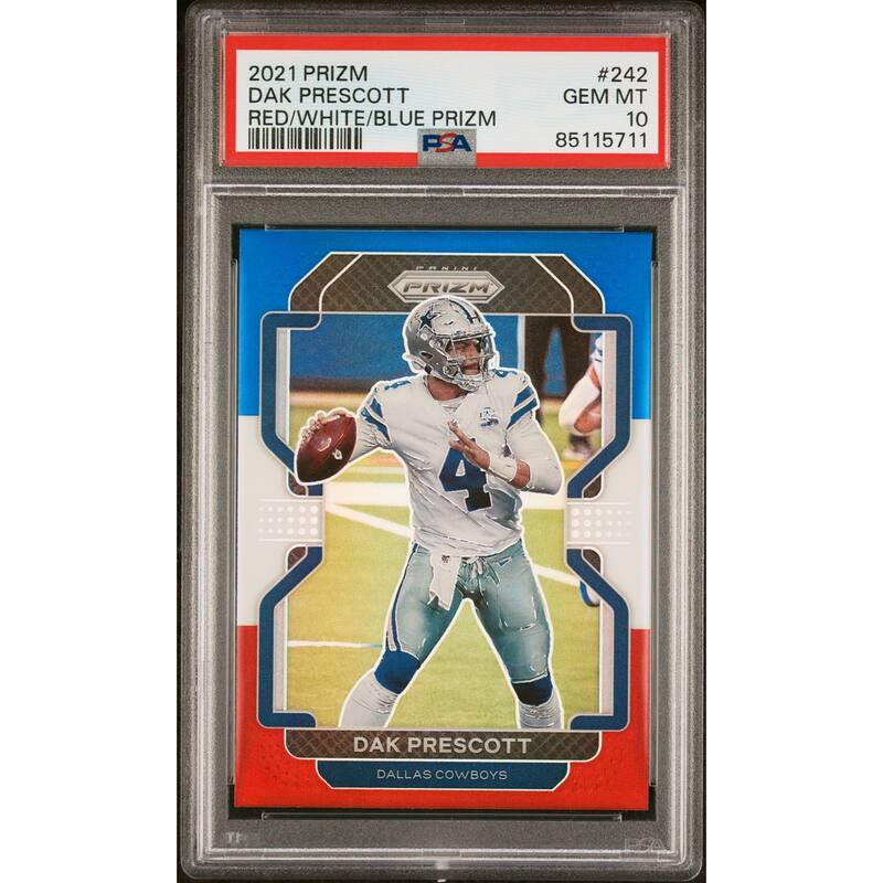 Dak Prescott 2021 Panini Prizm Red White Blue Football Card #242 Graded PSA 10 - 8'6" x 11'6"