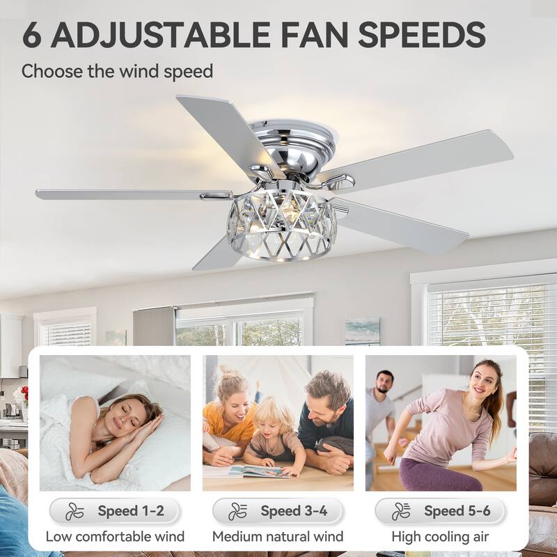 52" Flush Mount 5-Blade Modern Crystal Indoor Ceiling Fan with Light Kit and Remote